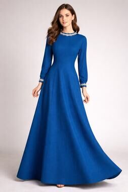 1960s Handmade Cobalt Blue Maxi Dress Embellished Collar Long Sleeve Formal M